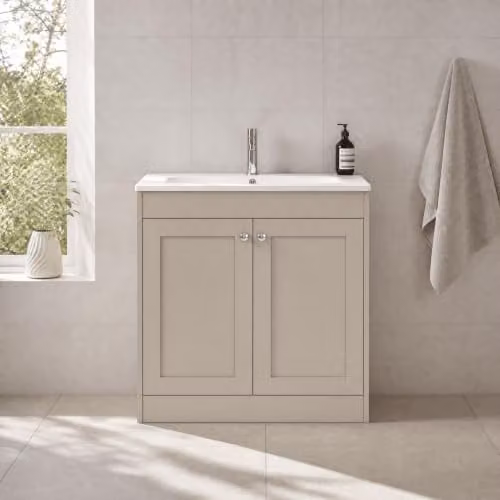 Balterley Floor Standing Vanity Unit with Rectangular Basin and Soft Close 2 Doors, Pebble Grey, W: 80 cm, D: 45.3 cm, H: 80 cm – 2