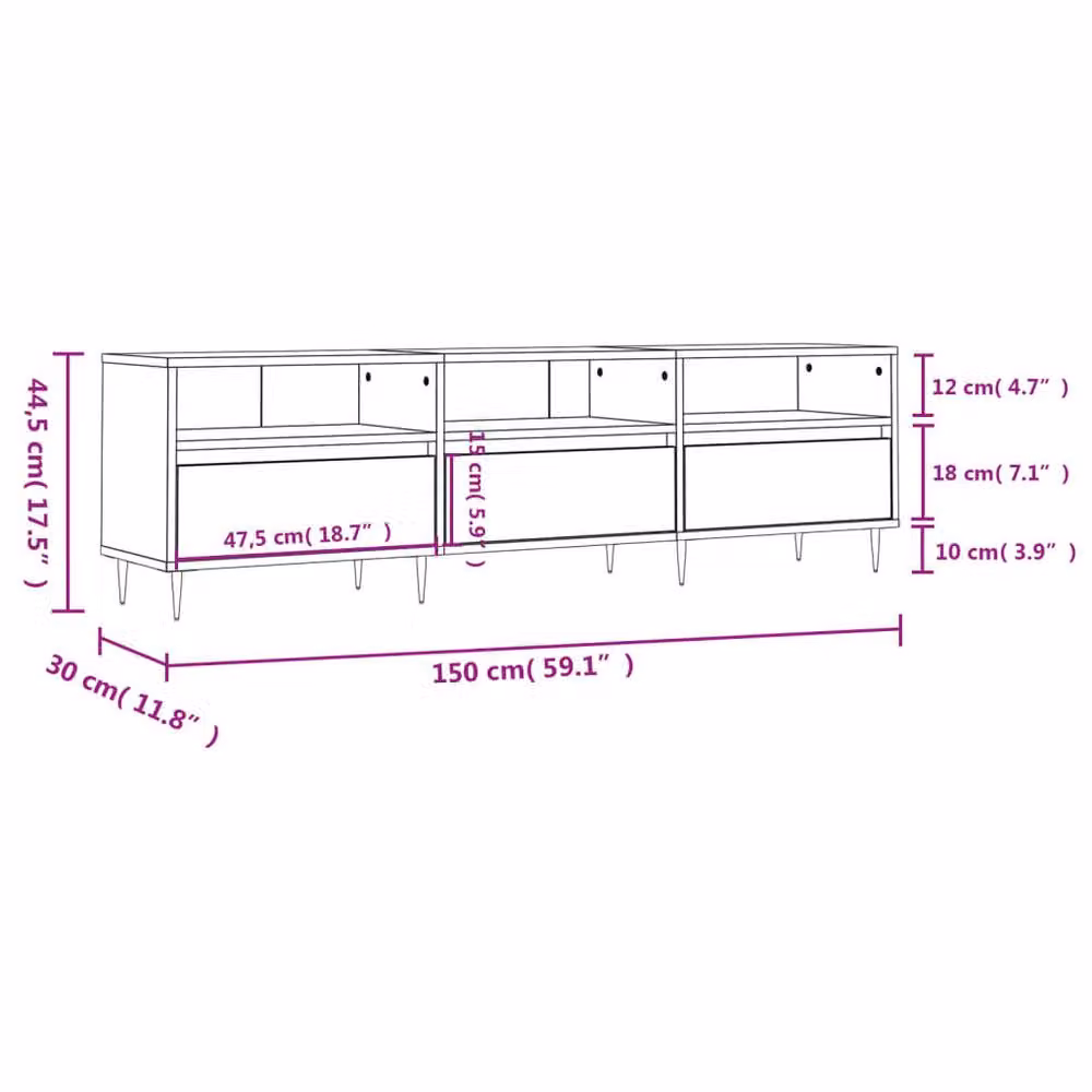 Berkfield Home Grey Sonoma TV Cabinet in Engineered Wood W: 150 cm, D: 30 cm, H: 44.5 cm – 2