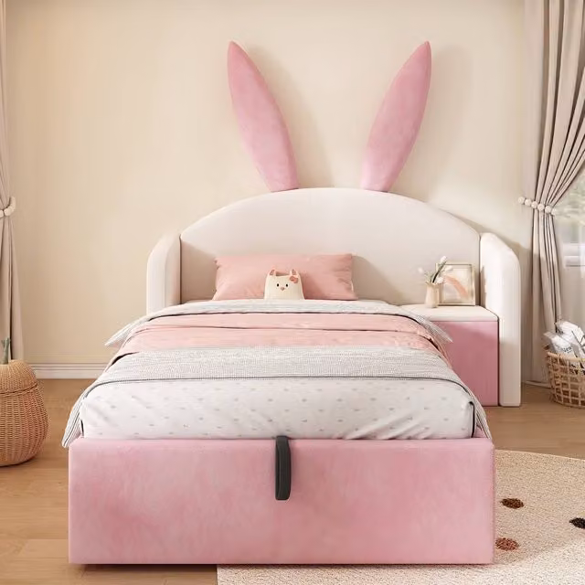 Merax Pink Bunny Ears Kids Ottoman Bed with Nightstand, Single Size, W: 90 cm x L: 190 cm