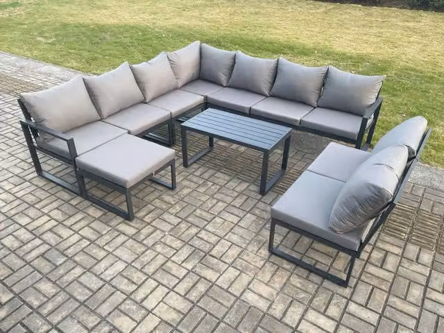 Fimous 10 Seater Aluminium L-Shape Garden Lounge Corner Sofa Set with Oblong Coffee Table and Ottoman in Dark Grey