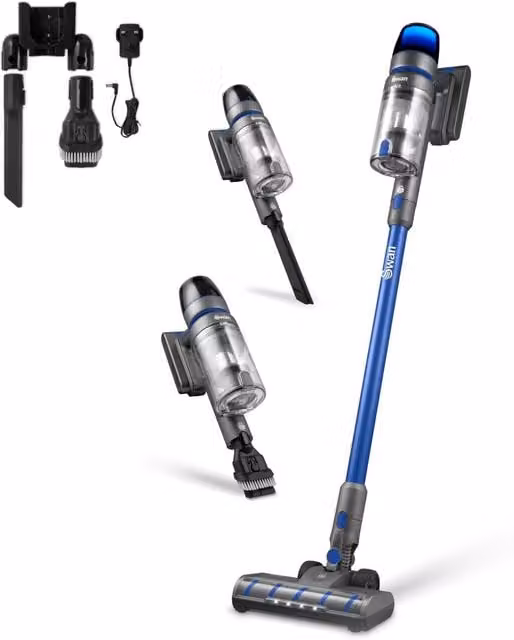 Swan Blue Bagless Cordless Stick Vacuum Cleaner with HEPA Filter and Anti-Tangle Roller