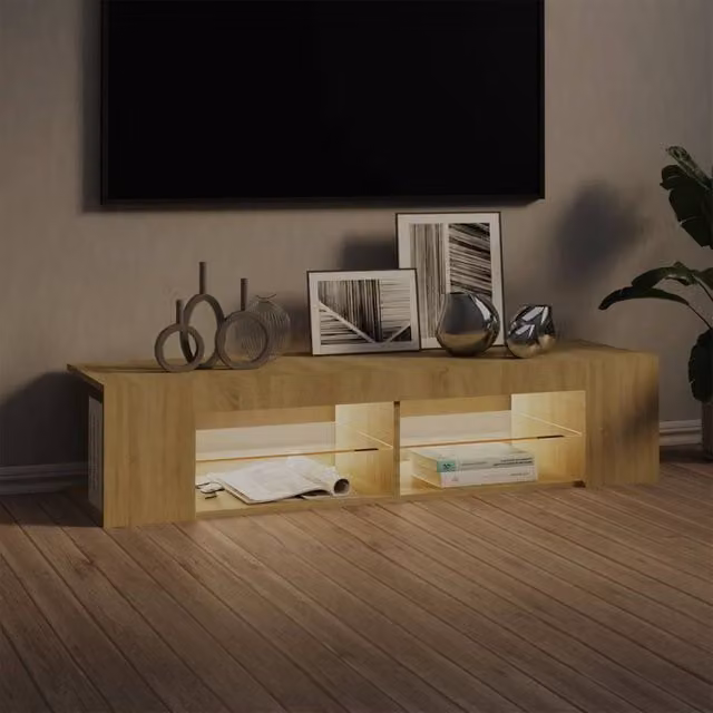 Berkfield Home Modern TV Cabinet with LED Lights in Sonoma Oak and Light Tan, W/D/H: 135 x 39 x 30 cm