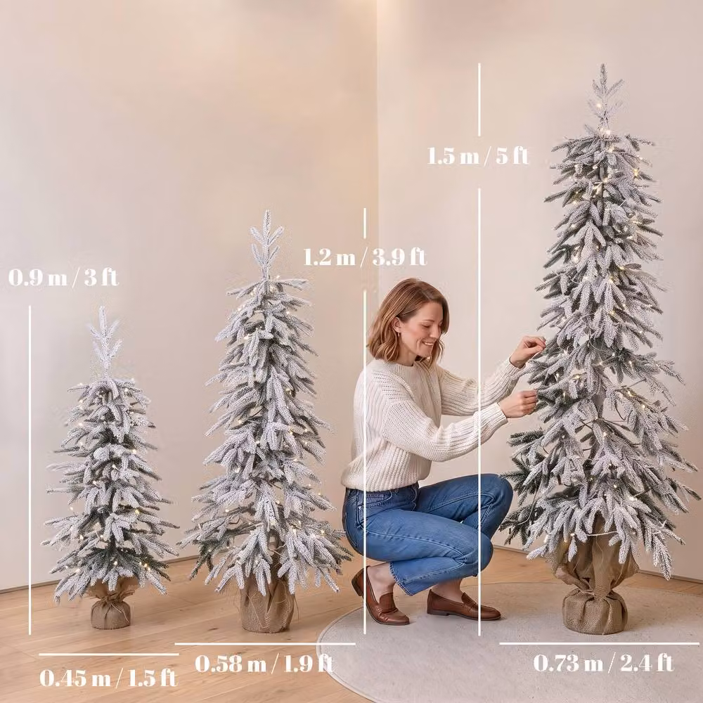 HOMCOM Set of 3 Prelit Flocked Artificial Christmas Trees with Warm White LED Lights – 3