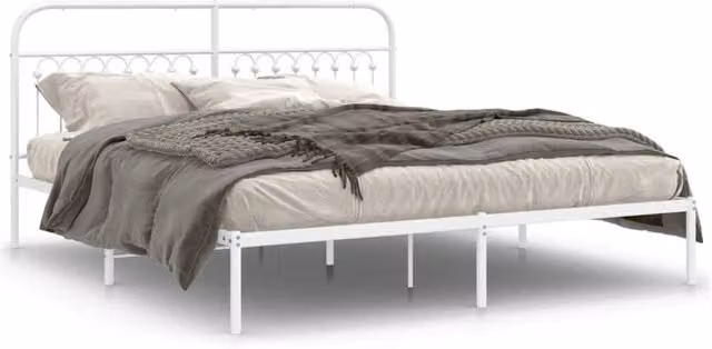 Berkfield Home Metal Bed Frame with Headboard in White, W: 183 cm, L: 203 cm