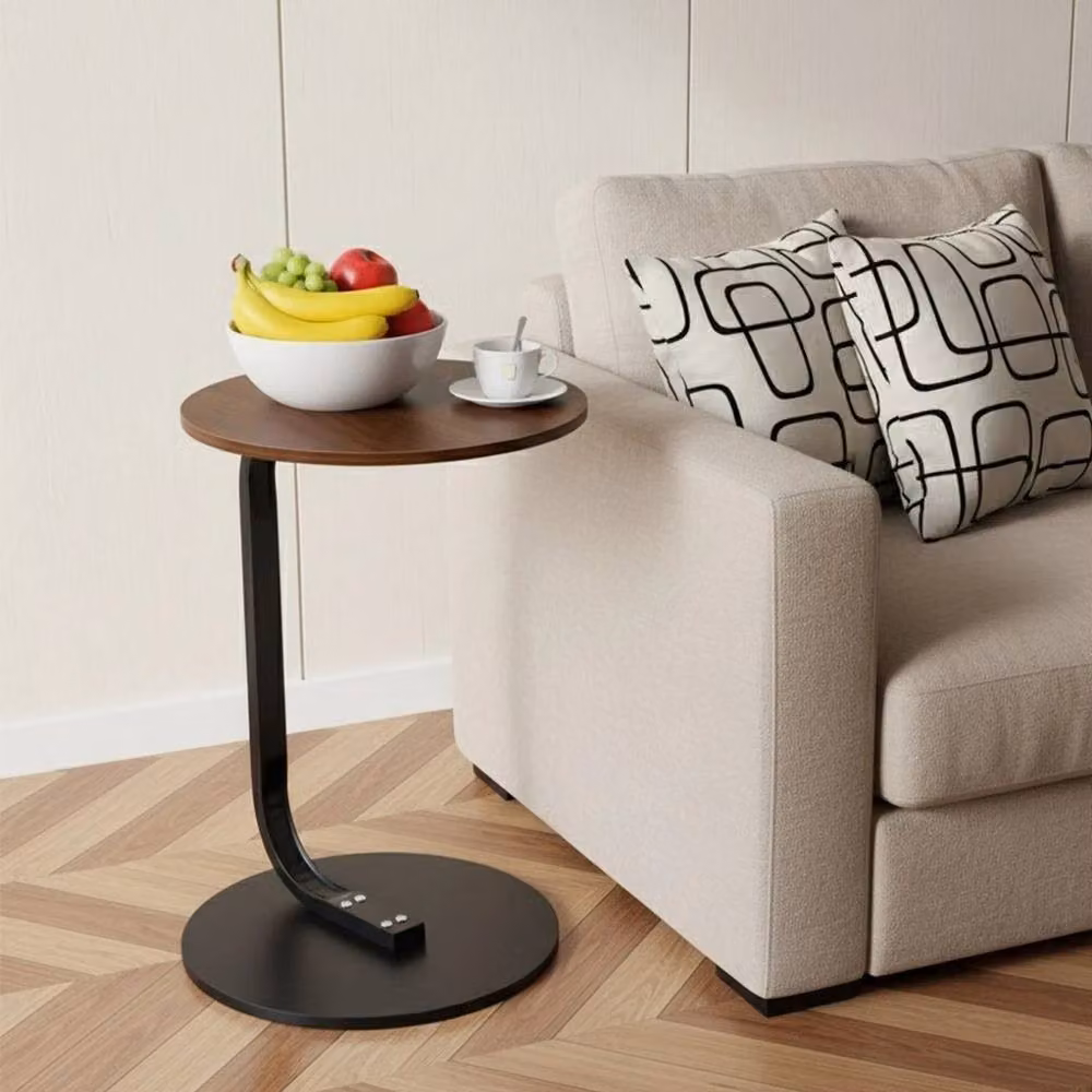 FORGEVIO C-Shaped Side Table in Brown with Round Metal Top – 4