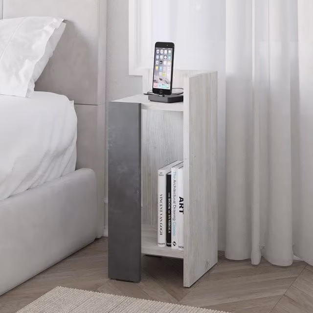 Decortie Elos Modern Wall-Mounted Right-Side Bedside Cabinet with Drop-Down Door, Dark Oak and Off-White – 1