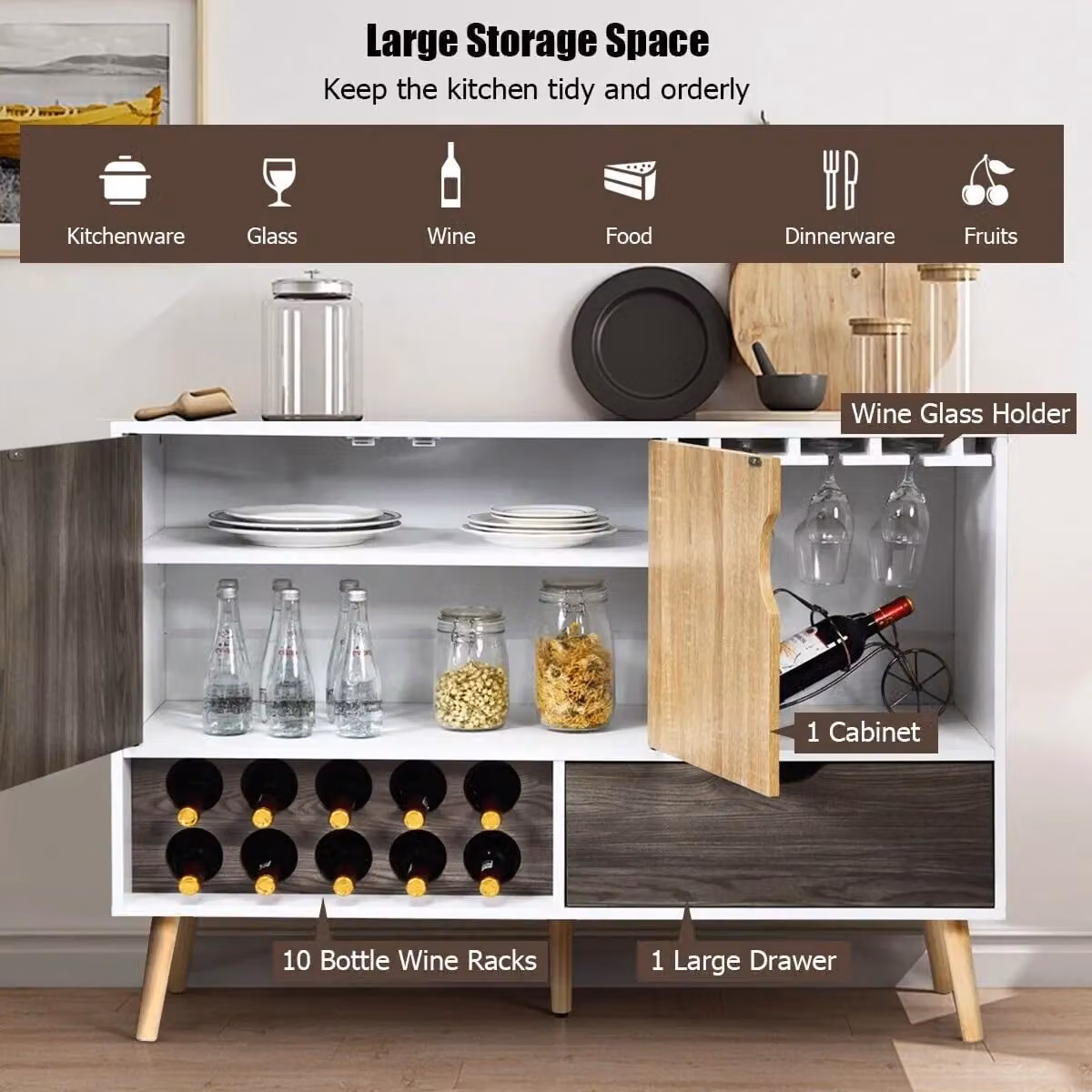 Costway Modern White Wooden Buffet Sideboard and Storage Cabinet with Wine Rack and Glass Holder – 2