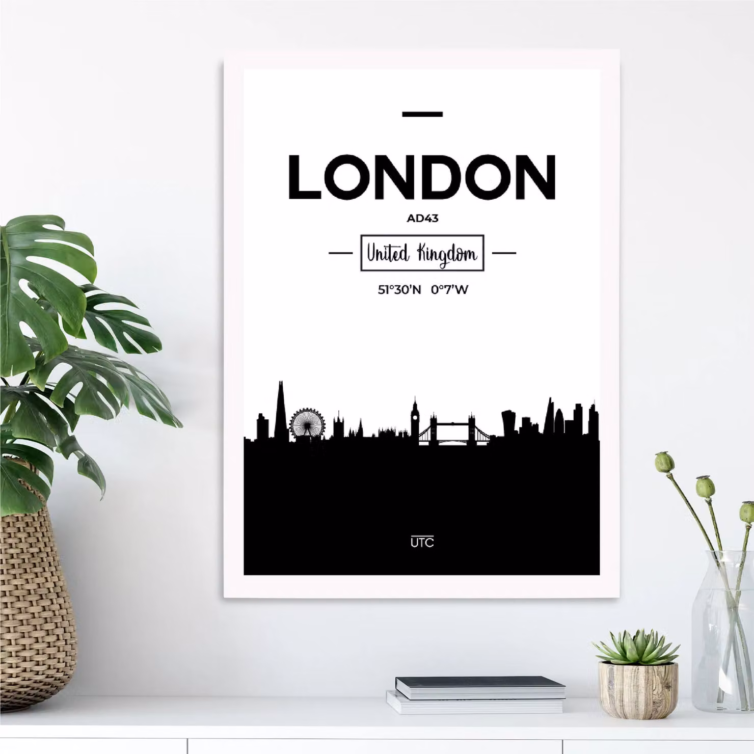 ARTZE London Black and White City Skyline Framed Paper Poster in White Frame – 2