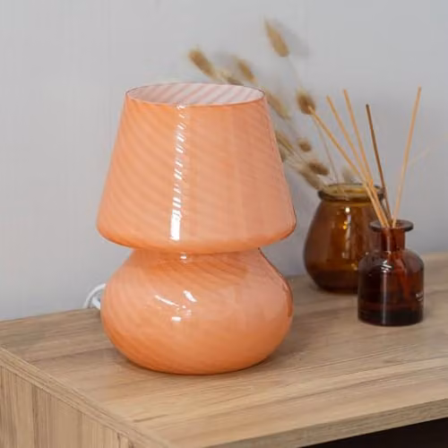 ValueLights Pin Stripe Peach Glass Table Lamp with Tapered Lampshade and LED Bulb – 2