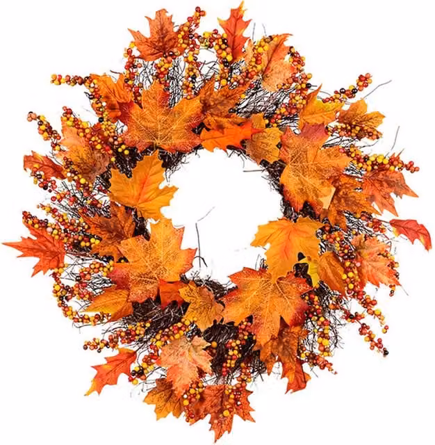 Livingandhome Orange Artificial Autumn Wreath with LED and Seasonal Leaves