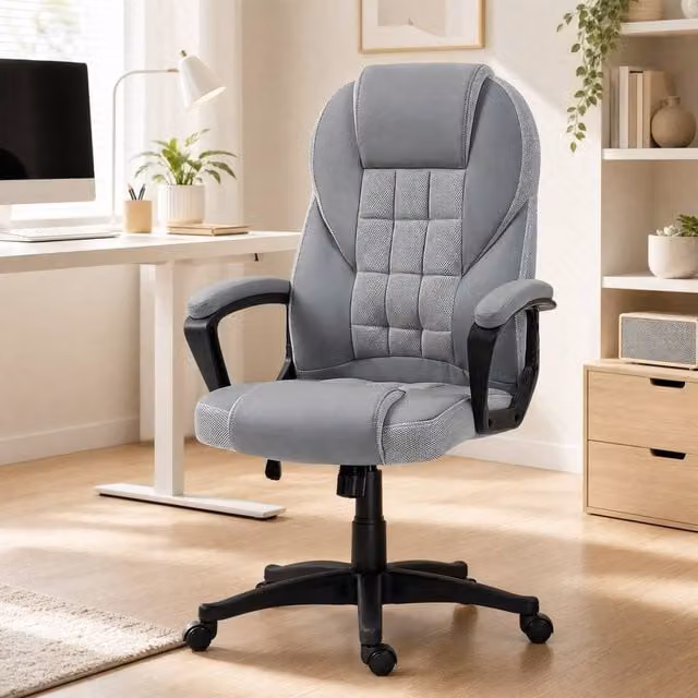 STILVORA Grey Faux Leather Swivel Office Task Chair with Headrest and Armrests, W/D/H: 48 x 120 x 48 cm