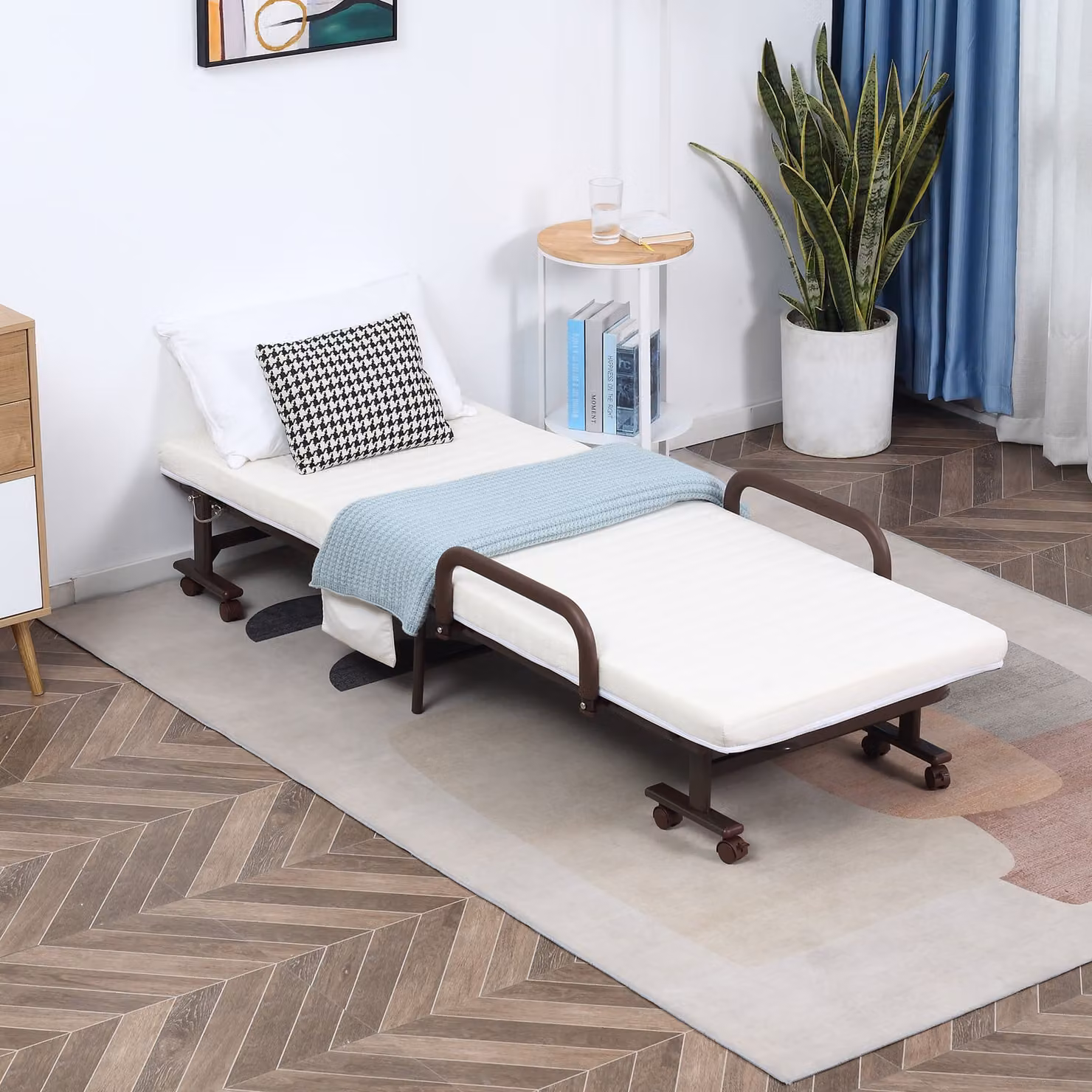 HOMCOM Brown Folding Bed with 8cm Mattress and Adjustable Backrest on Metal Wheels – 2