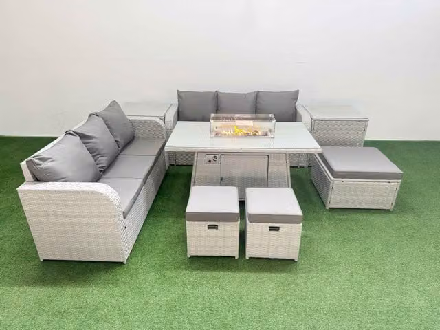 Fimous 9 Seater Grey Wicker Rattan Garden Furniture Set with Firepit Dining Table, High Back Lounge Sofa, 3 Stools and 2 Side Tables