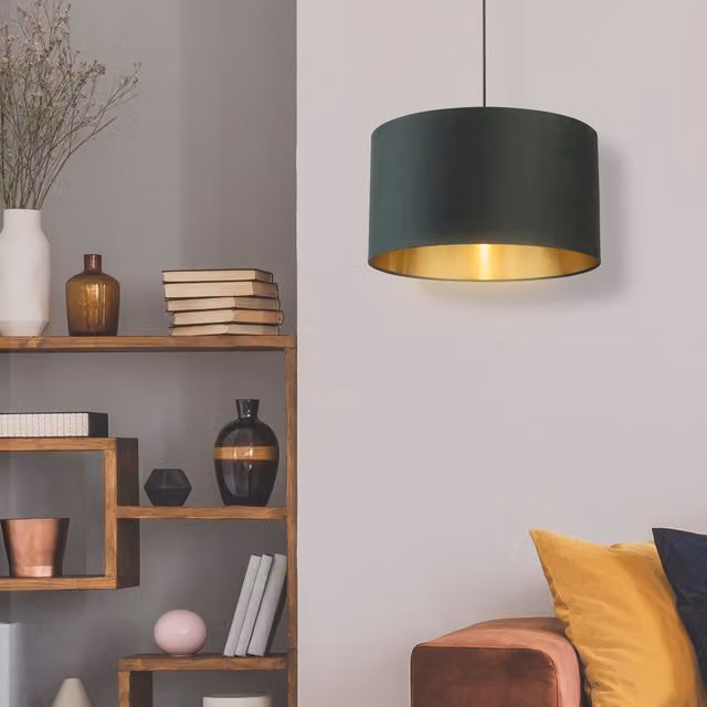 Lighting Collection Green Velvet Drum Lamp Shade with Gold Inner, Diameter: 50 cm