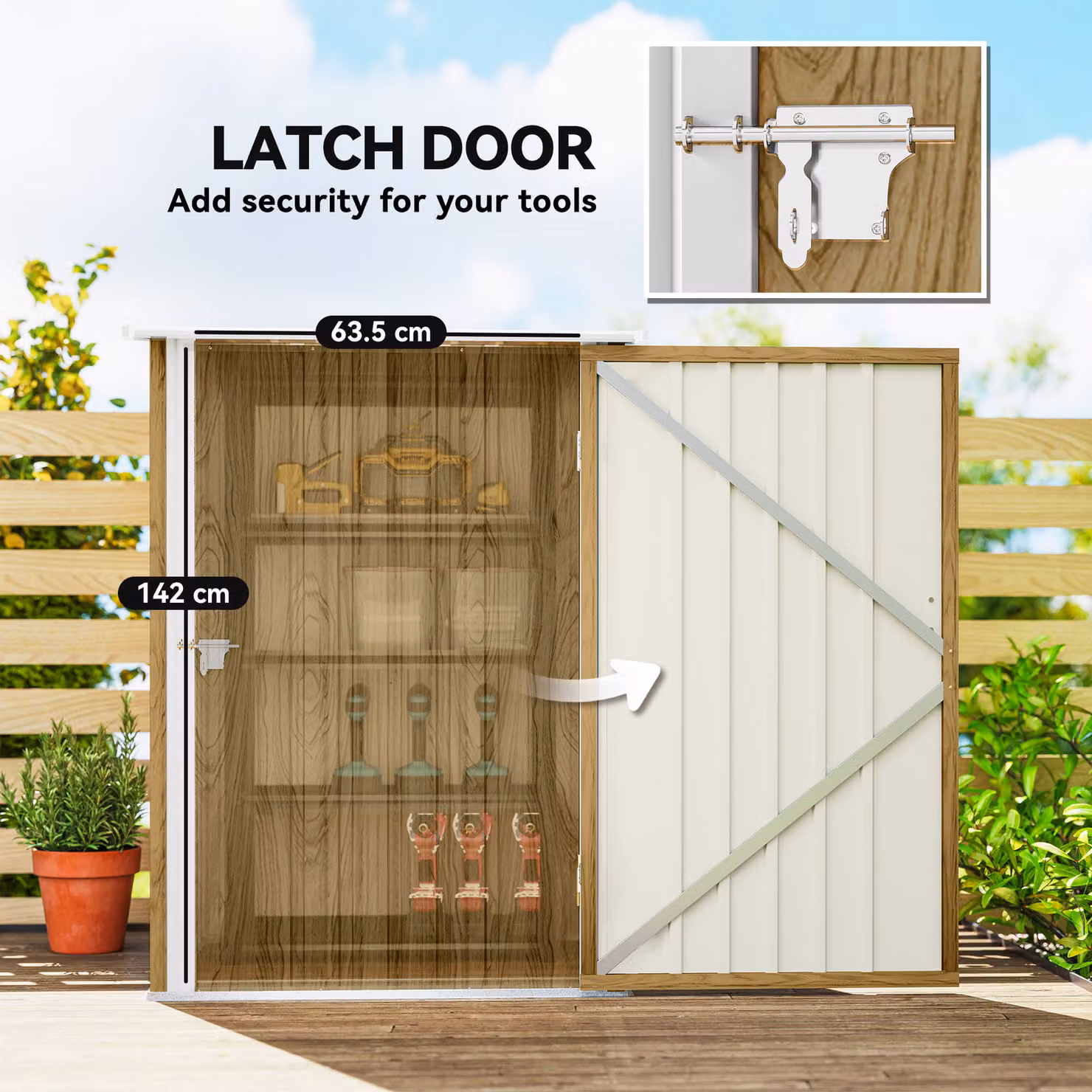 Outsunny Lean-To Steel Garden Shed with Locking Single Door, Light Brown Wood Effect and White – 3