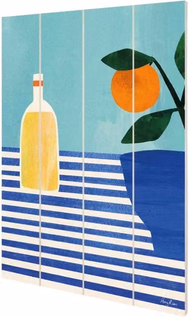 Henry Rivers Orange Juice Multicolour Striped Wood Plaque with Botanical Typography and Leaves in Blue – 1