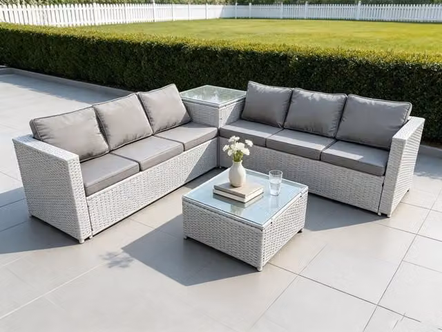 Fimous 6 Seater Rattan Garden Furniture Set with Side Table in Light Grey – 1