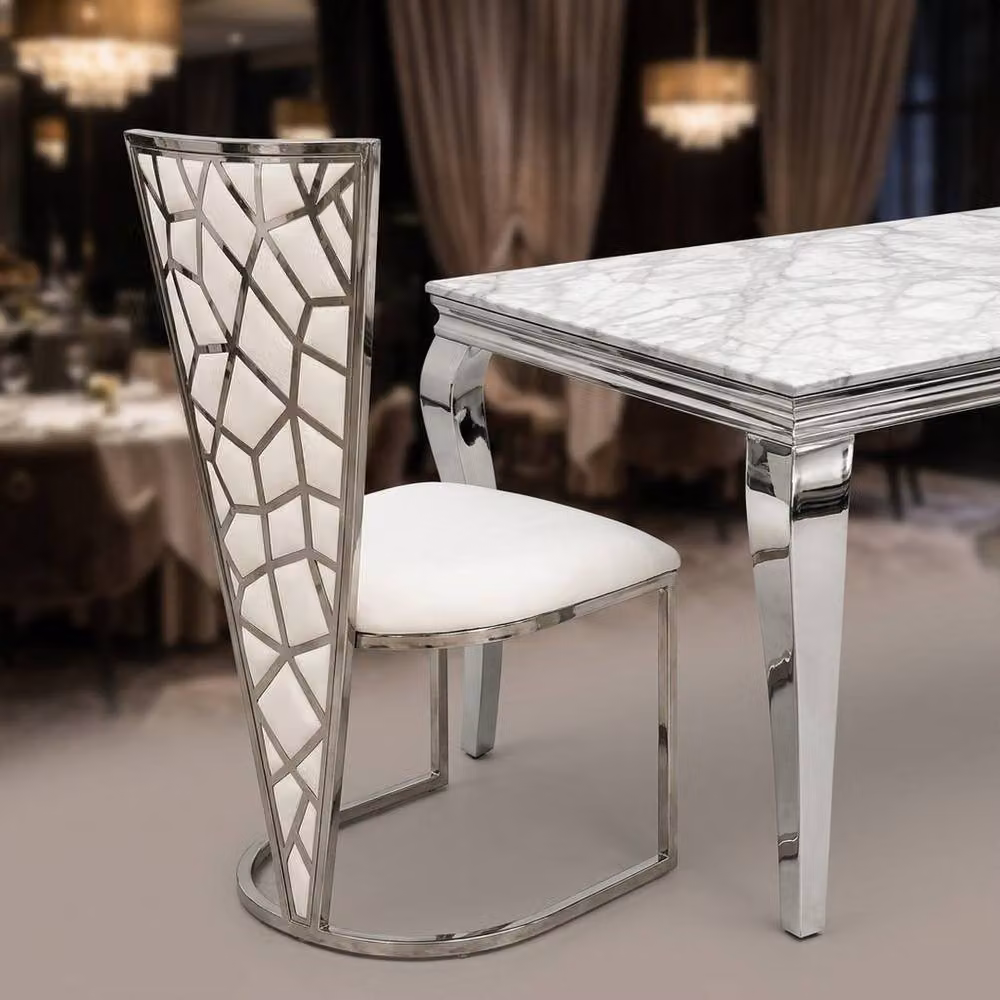 Home Luxe Interior Grey Marble Dining Table and 4 Vienna Cream Silver Chairs Set – 2
