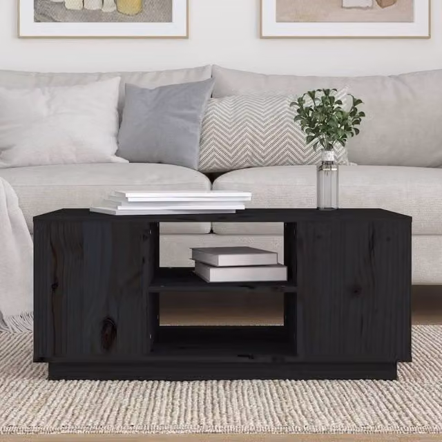 Berkfield Home Beautiful Black Solid Wood Pine Coffee Table W: 90 cm, D: 49 cm, H: 40.5 cm – 1