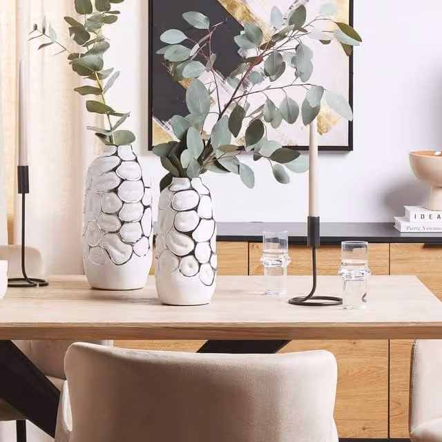 Wyld and Coco White Gloss Ceramic Flower Vase with Silver Embossed Detail, Height: 28 cm