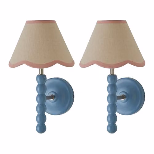 ValueLights Bobbin Pair of Blue Wall Lights with Pink Fabric Shades – 3