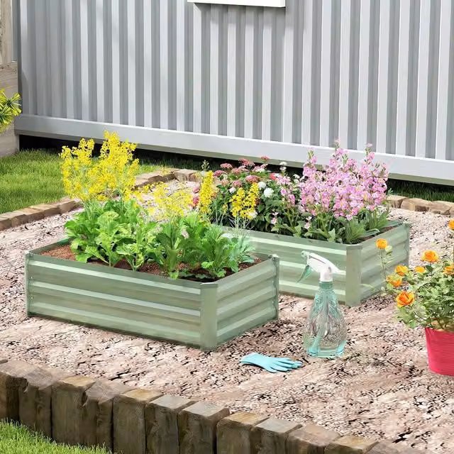 OUTSUNNY Set of 2 Galvanised Steel Raised Garden Bed Planter Boxes, Green, W/D/H: 60 x 30 x 60 cm