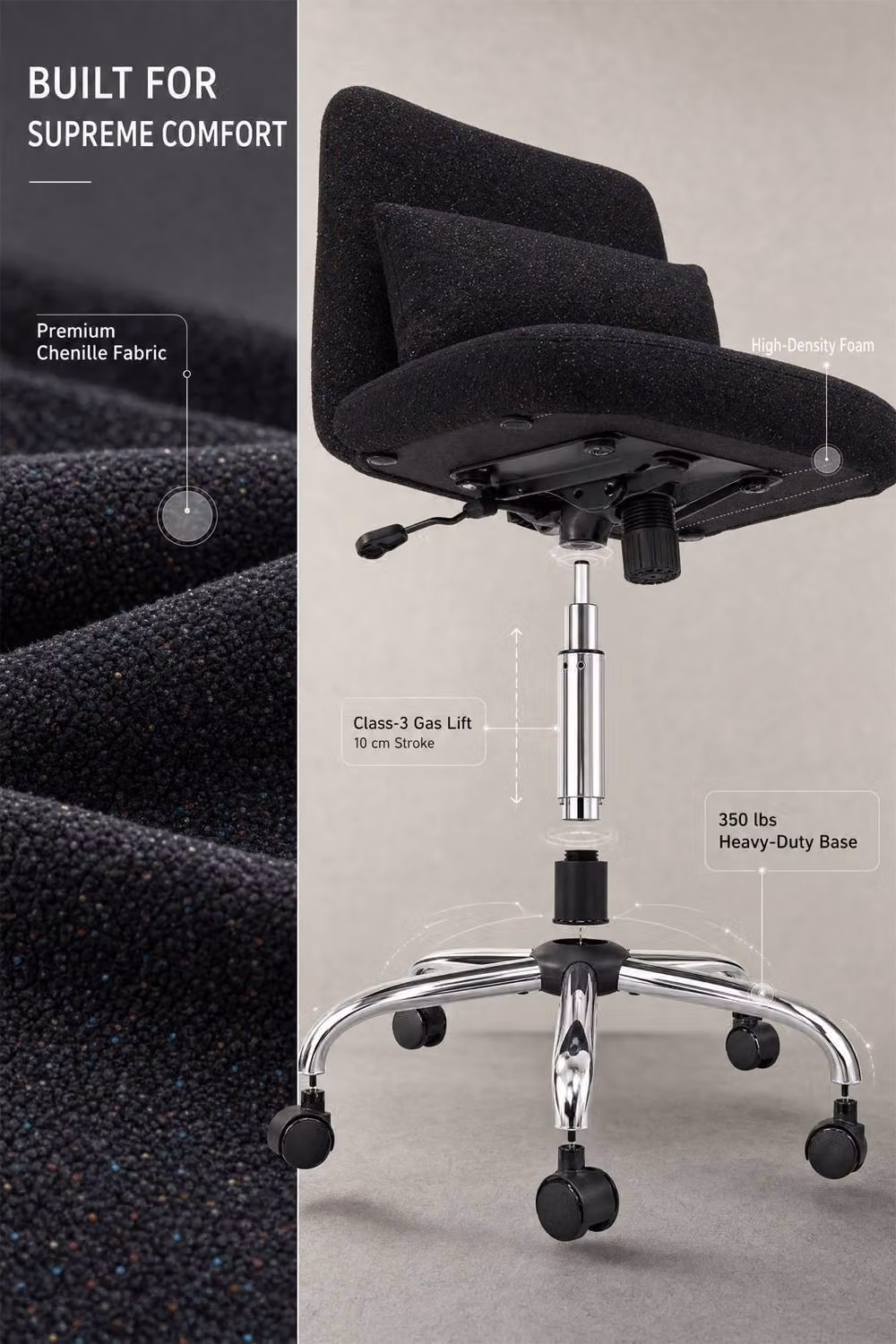 Living and Home Chenille Cross Legged Office Chair with Wide Seat and Lumbar Pillow in Black – 4