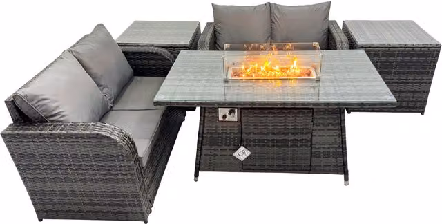 Fimous 4-Seater Rattan Garden Furniture Dining Set with 2 Side Tables in Dark Grey