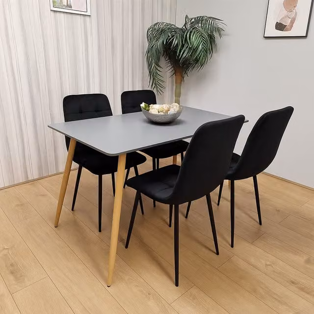 Kosy Koala Modern Dining Set with Grey Oak Effect Rectangular Table and 4 Black Velvet Chairs