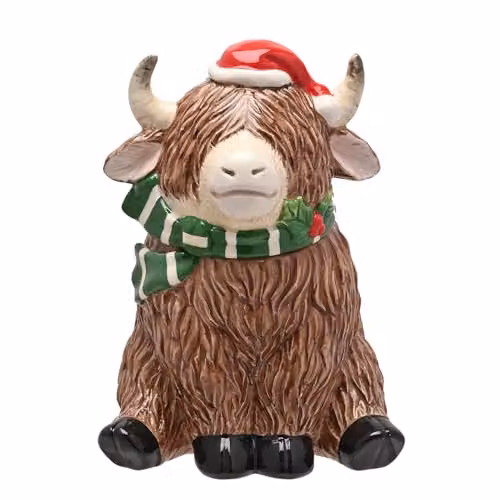 Widdop and Co Highland Cow Ceramic Christmas Treat Jar in Brown, H: 24.5 cm, W: 16 cm, D: 16 cm