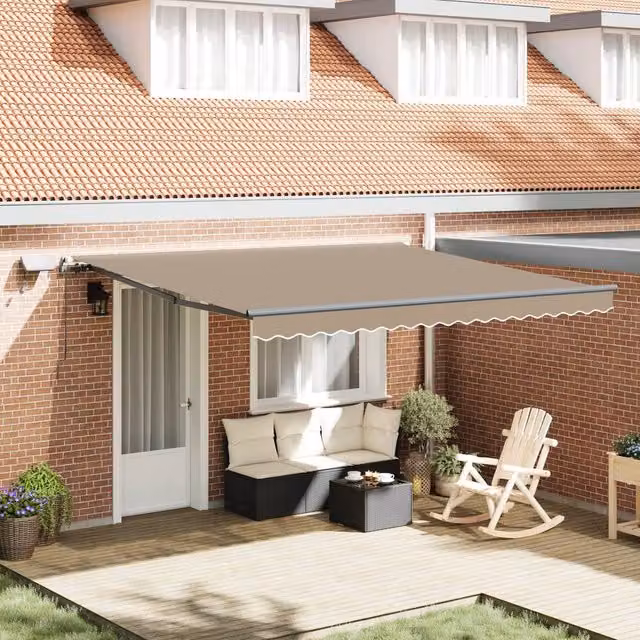 Berkfield Home Manual Retractable Folding Arm Awning with LED, Beige, W: 400 cm, D: 350 cm