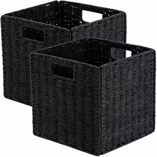 Kelvenix Set of 2 Foldable Open Weave Storage Baskets with Handles in Black