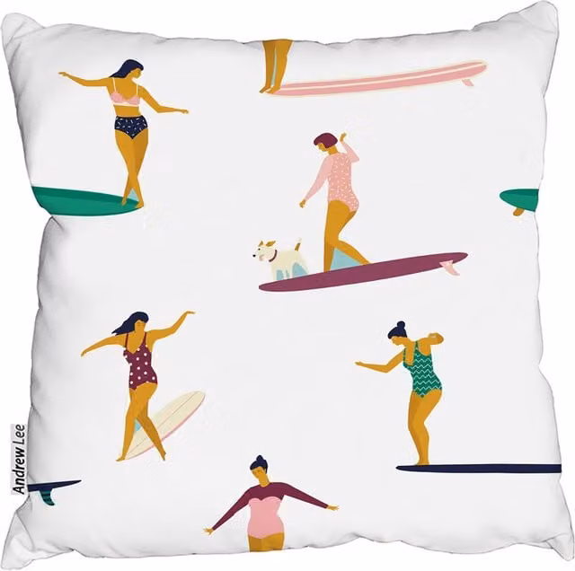 Andrew Lee Female Surfers Graphic Square Cushion, White, W: 60 cm, H: 60 cm