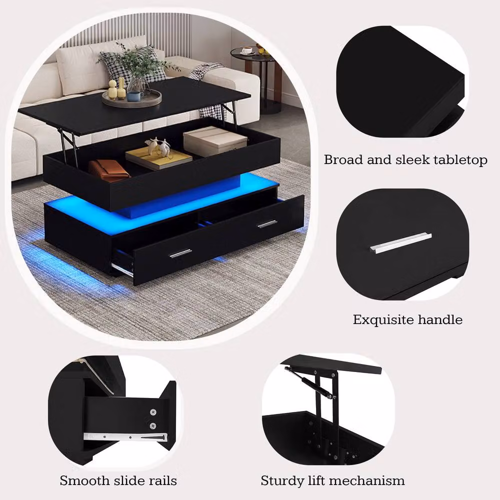 ModernLuxe Black Hydraulic Lift Top Coffee Table with LED Light and 2 Drawers – 5