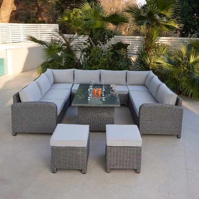 Segrada U-Shaped Rattan Garden Furniture Set with Fire Pit Table and Matching Ottoman in Grey for 8 Adults
