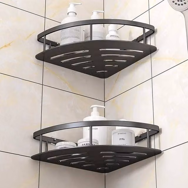 EONLION 2-Piece Black Wall-Mounted Corner Shower Rack Shelves in Rustproof Aluminium Metal – 1