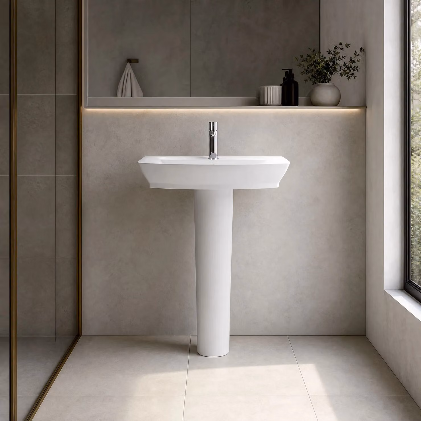 Balterley Spirit Soft Square Ceramic Basin with Full Pedestal, 1 Tap Hole, White, W: 55 cm, D: 46.5 cm, H: 82 cm – 3