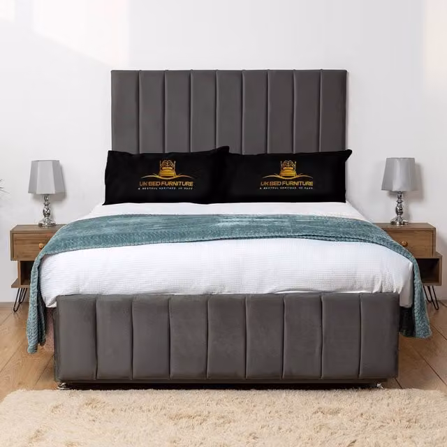 UK Bed Furniture Falcon Divan Bed Base with 26 Inch Headboard, Charcoal Grey, W/D/H: 200 x 200 x 66.04 cm