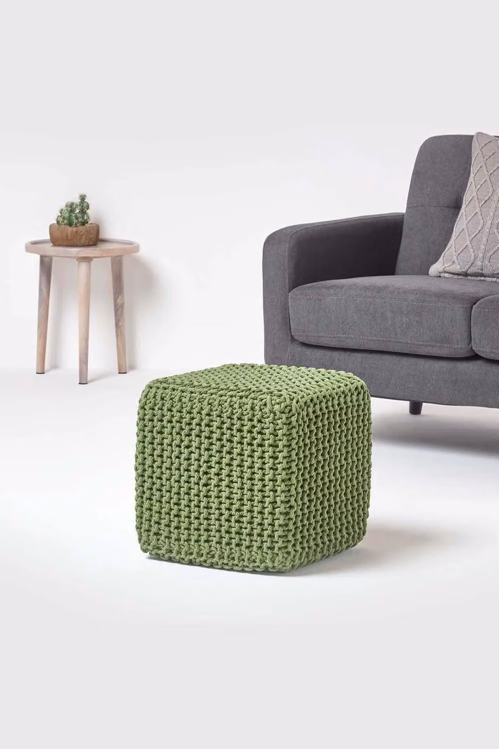 Homescapes Cube Cotton Knitted Pouffe Footstool in Dark Green – 2