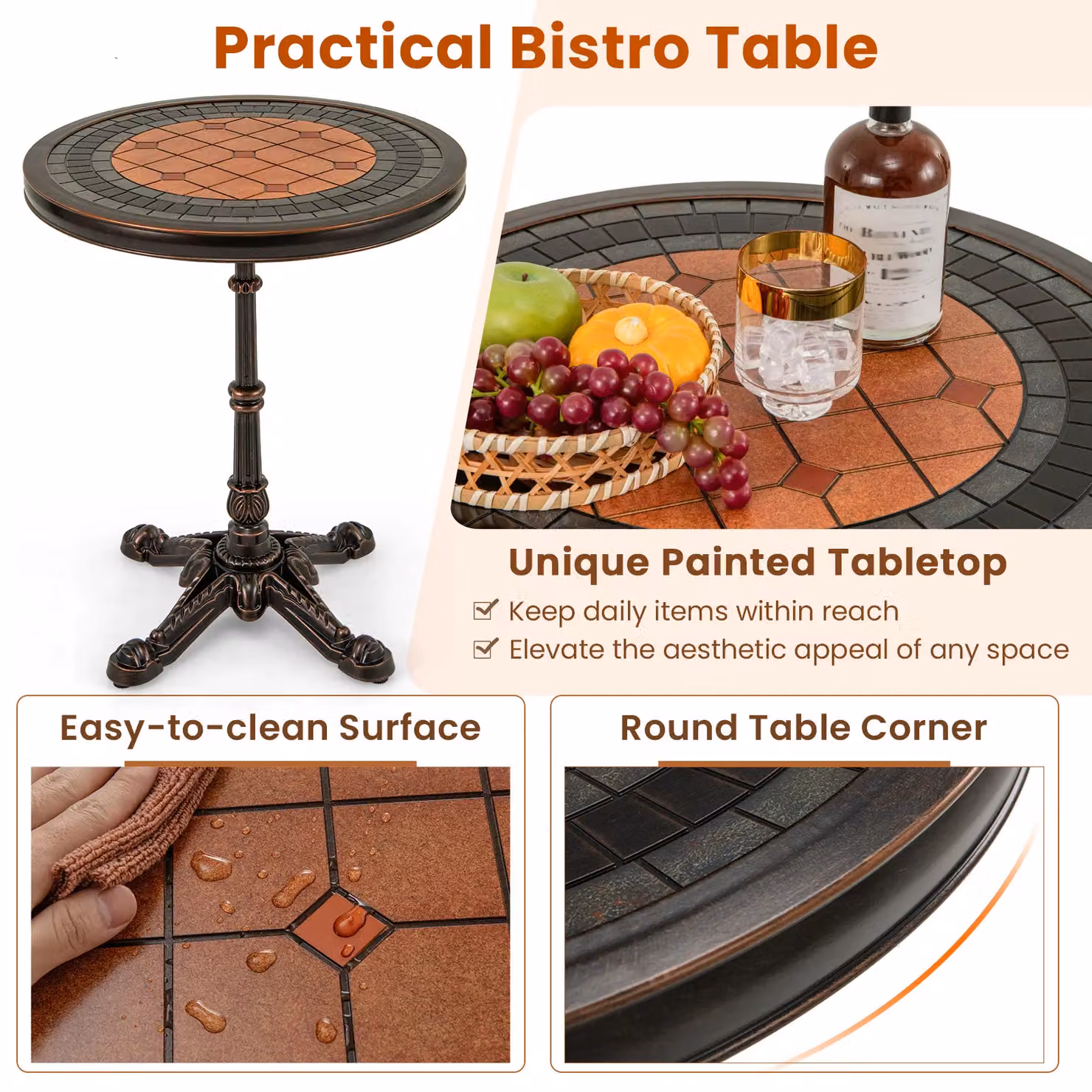 Gymax Round Cast Aluminium Patio Dining Table, Bronze, Diameter: 60 cm – 8