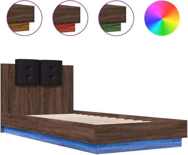 Berkfield Home Modern Bed Frame with LED Under-Bed Lighting and USB Charging Port in Brown Oak, W: 100 cm, L: 200 cm – 1