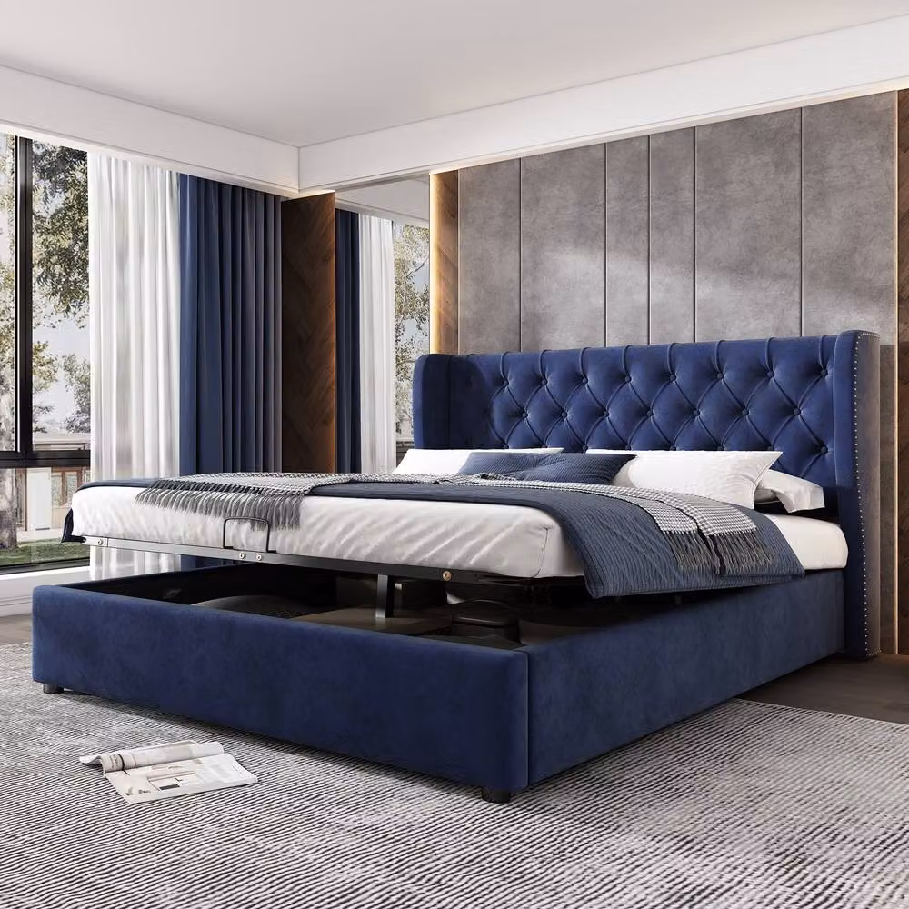 Merax Blue Velvet Upholstered Double Ottoman Storage Bed Frame, W: 135 cm x D: 190 cm – 5