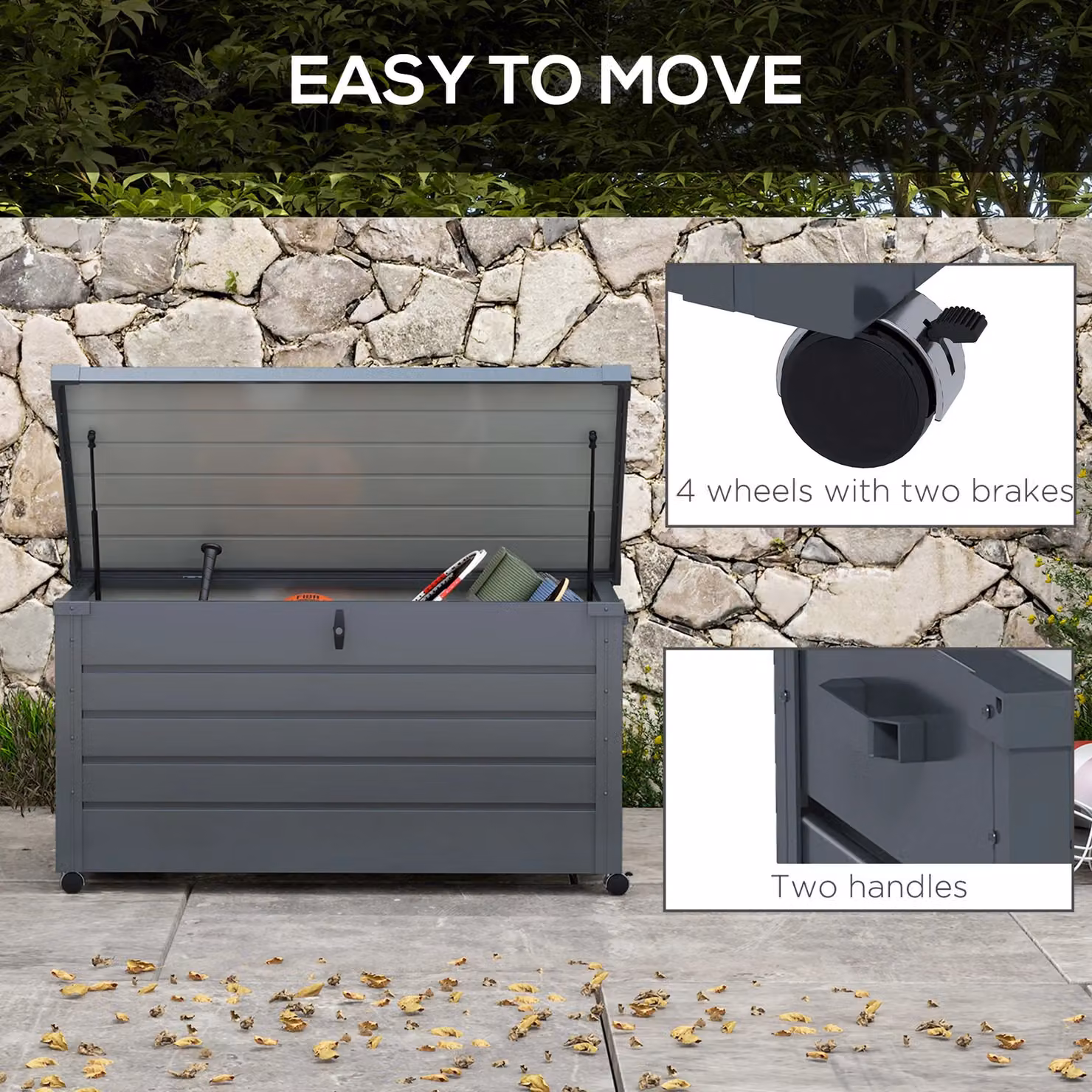 OUTSUNNY 331L Waterproof Outdoor Storage Box with Wheels and Lock in Dark Grey – 3