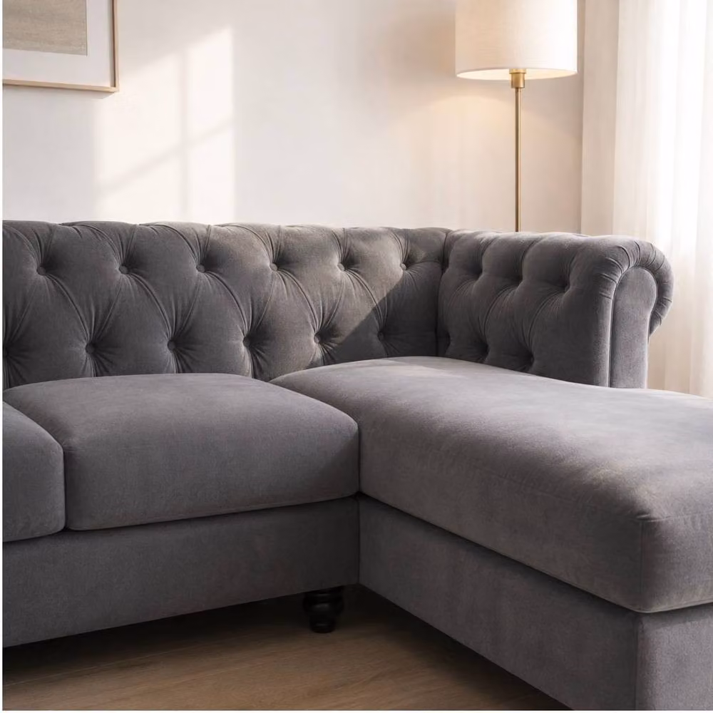 Sofaya Hampton 4 Seater L Shape Chesterfield Sofa in Grey Velvet with Right Hand Chaise – 2