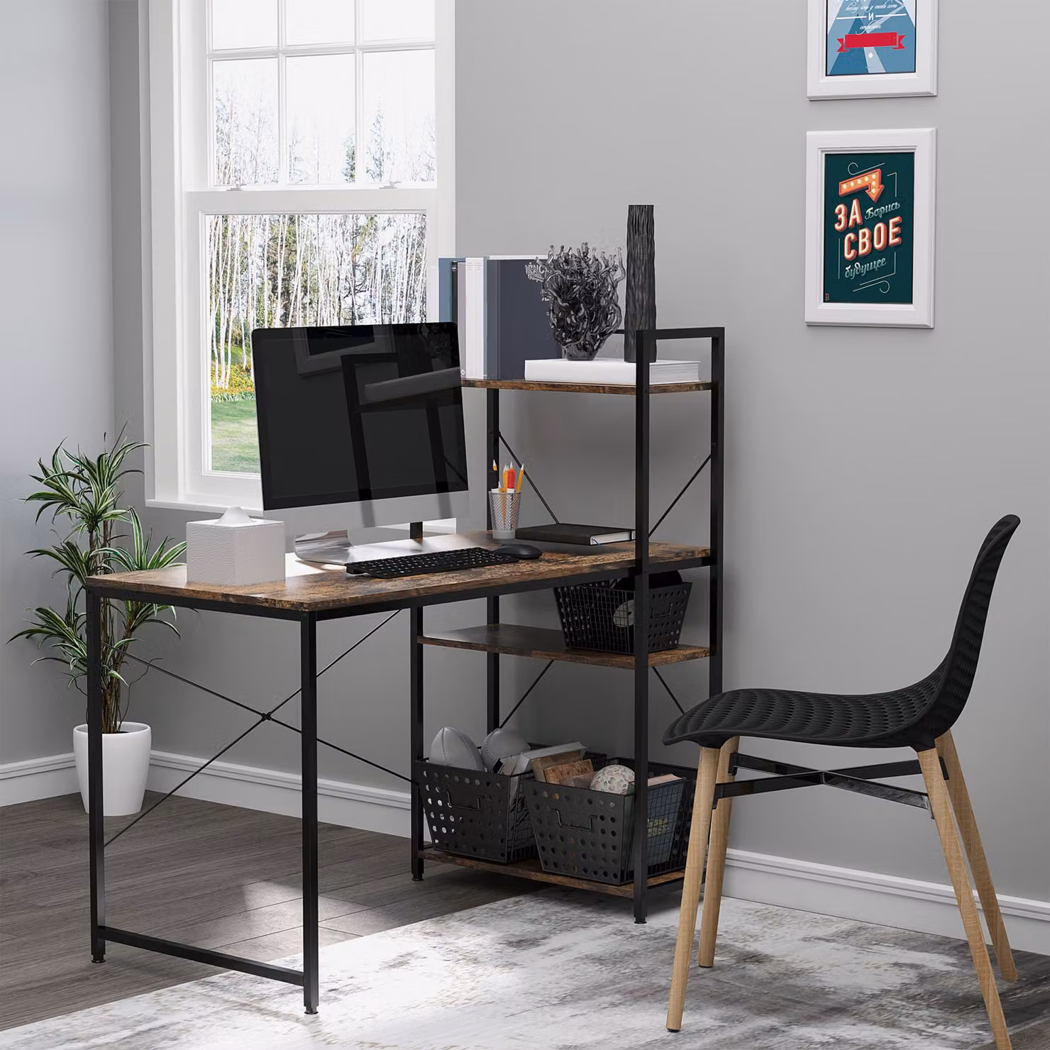 HOMCOM Modern Computer Desk with 4-Tier Bookshelf and Metal X-Frame, Rustic Brown and Black – 2