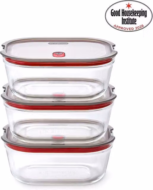Black + Blum Stack + Nest Airtight Glass Food Storage Container Set, 3 Pack, 1.2 l, Transparent and Black – 1