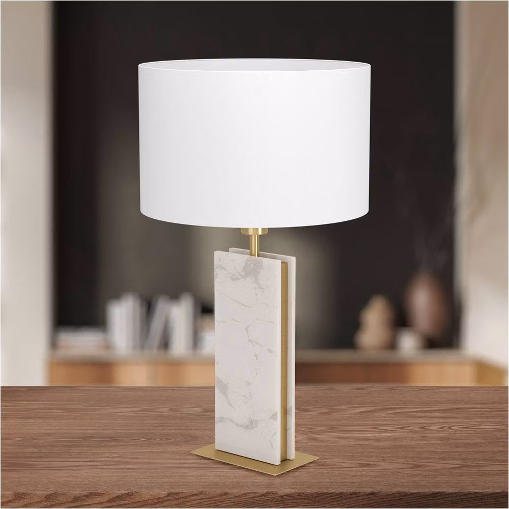 Loops 2 Pack Modern Table Lamps in Brushed Brass and White Marble with Fabric Cylinder Shades H 67 cm x W 38 cm x D 38 cm – 2