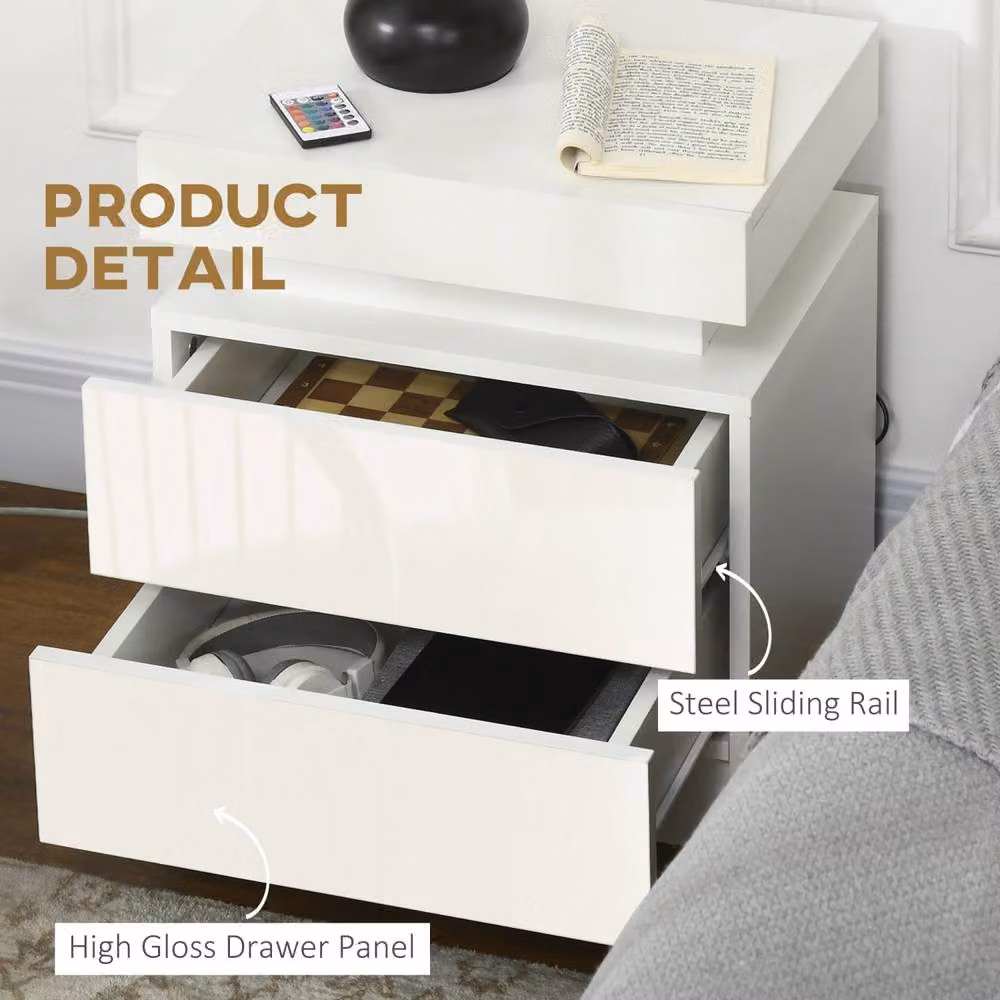 Wyld Haus Nisu Set of 2 High Gloss White Bedside Tables with Integrated LED Lighting, W/D/H: 45 x 35 x 52 cm – 4