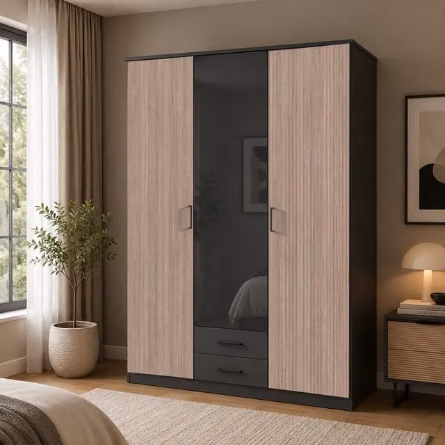 Fulda 3 Door Wardrobe with 2 Drawers and Glass Centre Door in Grey and Beige