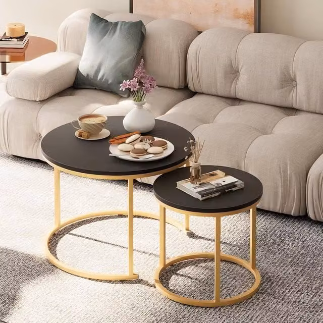 Huhote Round Nesting Coffee Table Set of 2 with Black Metal Frame – 1